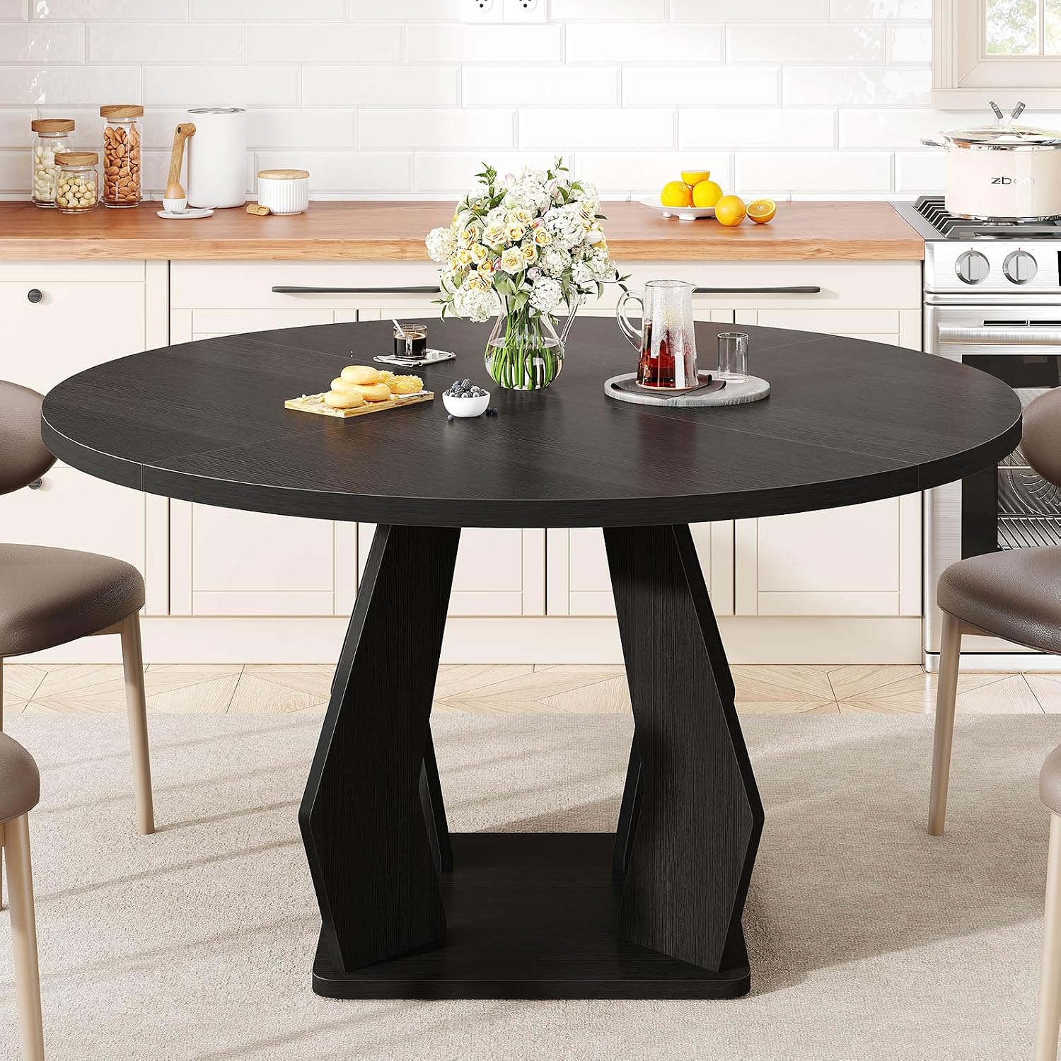 IBF Black Round Dining Table for 4-6, 47 Inch Kitchen Table with Spacious Tabletop Modern Circle Dining Table, Wood Dinner Table Pedestal Base for Dining Room, Kitchen,Living Room,Office