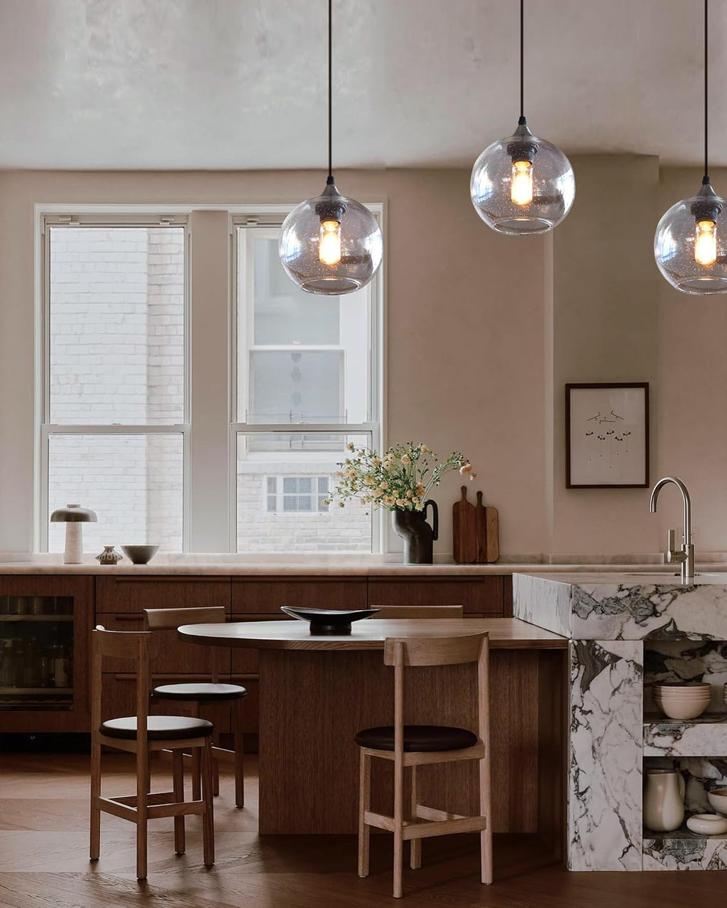 Globe Pendant Lights Kitchen Island 3 Pack Hand Blown Glass Modern Rustic Lighting Clear Seeded Bubbles Dining Room Table Coffee Bar Counter Brushed Nickel Lamp 7.4 Inch Diam