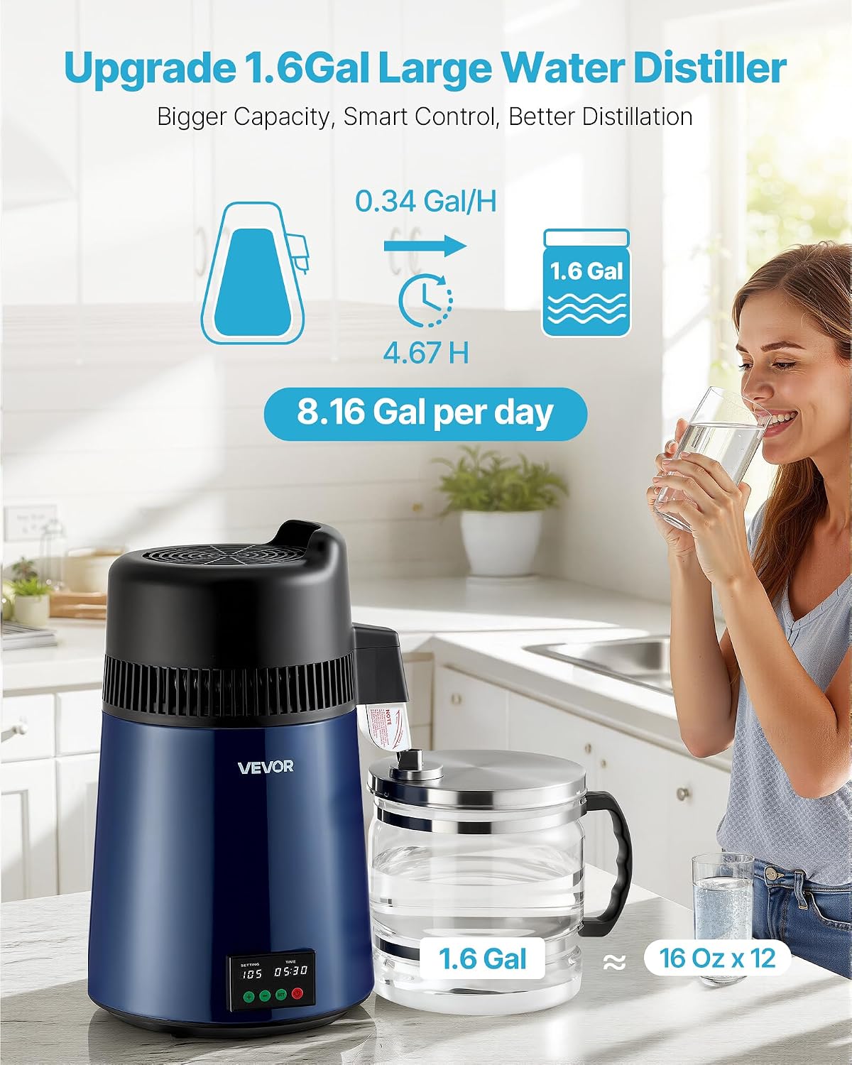 VEVOR Water Distiller, 6L/1.6 Gal Distilled Water Maker Countertop, 900W Distilling Machine with Glass Carafe, 0–99H Timer, Time & Temp Display, 2-Layer 304 Stainless Steel Distill for Home, Navy