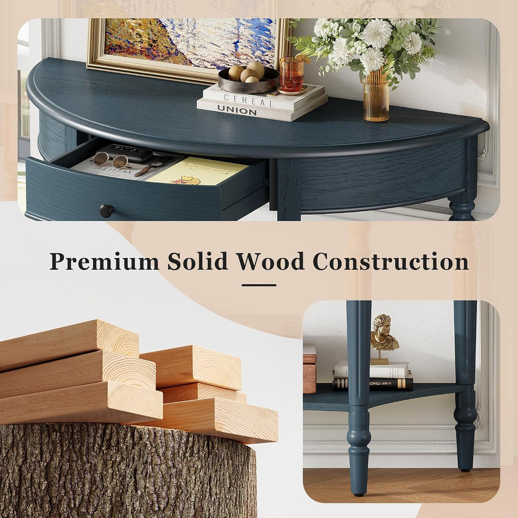 LKTART Farmhouse Half Moon Console Table with Solid Pinewood Frame & Legs,Modern Entryway Sofa Table for Behind Couch,Living Room,Hallway,Foyer (Navy,39')