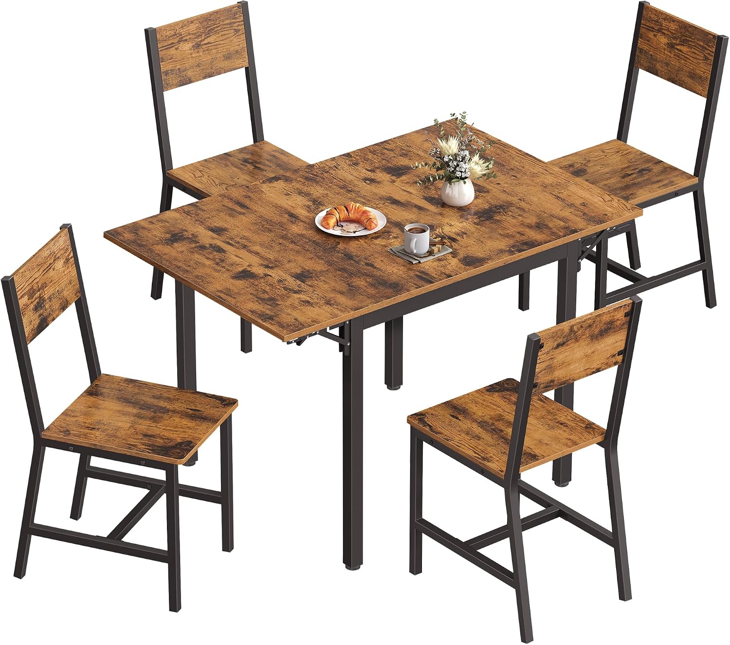 VASAGLE Extendable Dining Set, Dining Table with 4 Chairs, for Kitchen, 33.3-47.3 Inches Wide, Steel Frame, Rustic Brown and Ink Black LDC092B01V1-02