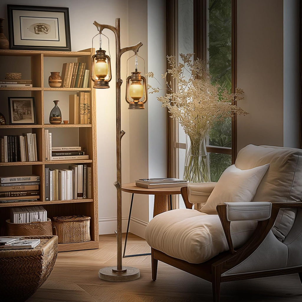 68' Rustic Farmhouse Tree Trunk Floor Lamp Country Brown Finish Wood Vintage Standing Tall Lamp With lantern Stepless Dimmable Industrial floor Lamp Decor for Bedroom Living Room Office Hotel