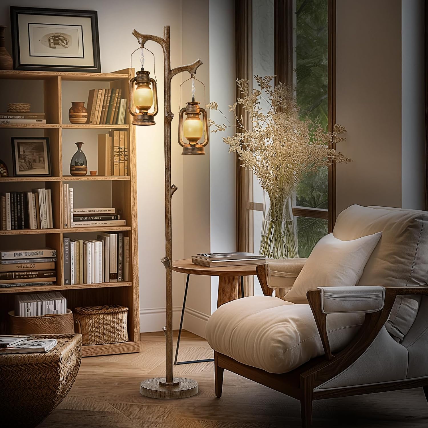 68' Rustic Farmhouse Tree Trunk Floor Lamp Country Brown Finish Wood Vintage Standing Tall Lamp With lantern Stepless Dimmable Industrial floor Lamp Decor for Bedroom Living Room Office Hotel