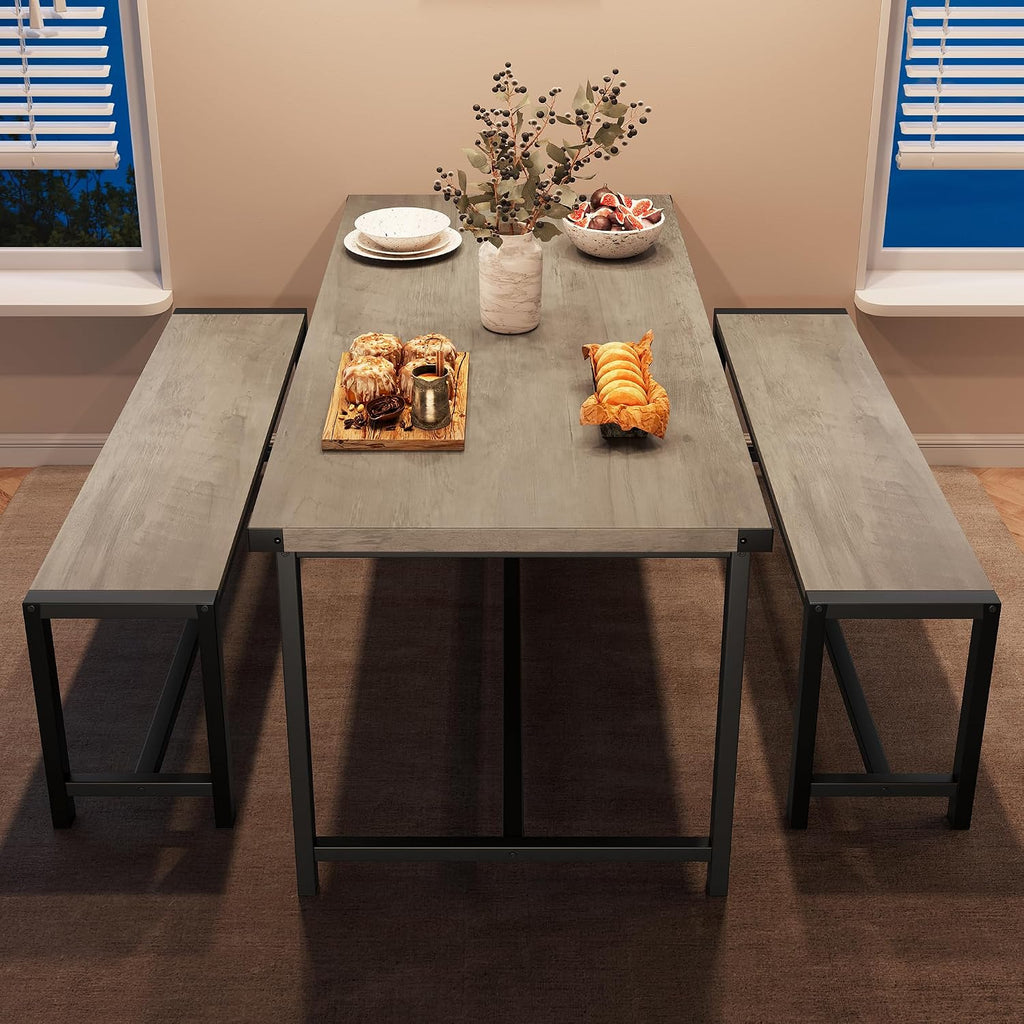 IDEALHOUSE Dining Table Set for 4, Kitchen Table with Benches, Rectangular Dining Room Table Set with 2 Metal Wood Benches, 3 Piece Dining Table Set for Small Space, Apartment, Dinette, Retro Gray