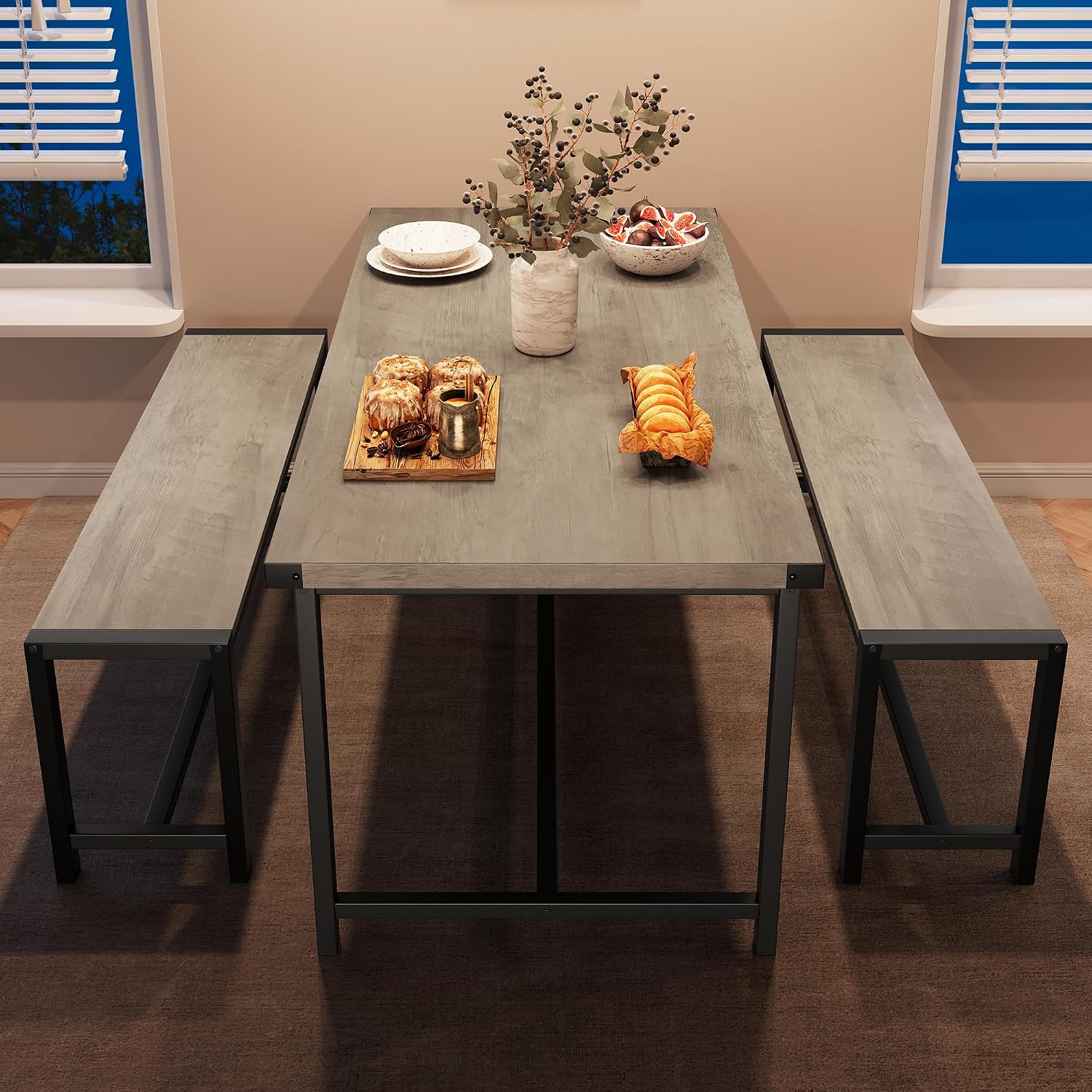 IDEALHOUSE Dining Table Set for 4, Kitchen Table with Benches, Rectangular Dining Room Table Set with 2 Metal Wood Benches, 3 Piece Dining Table Set for Small Space, Apartment, Dinette, Retro Gray