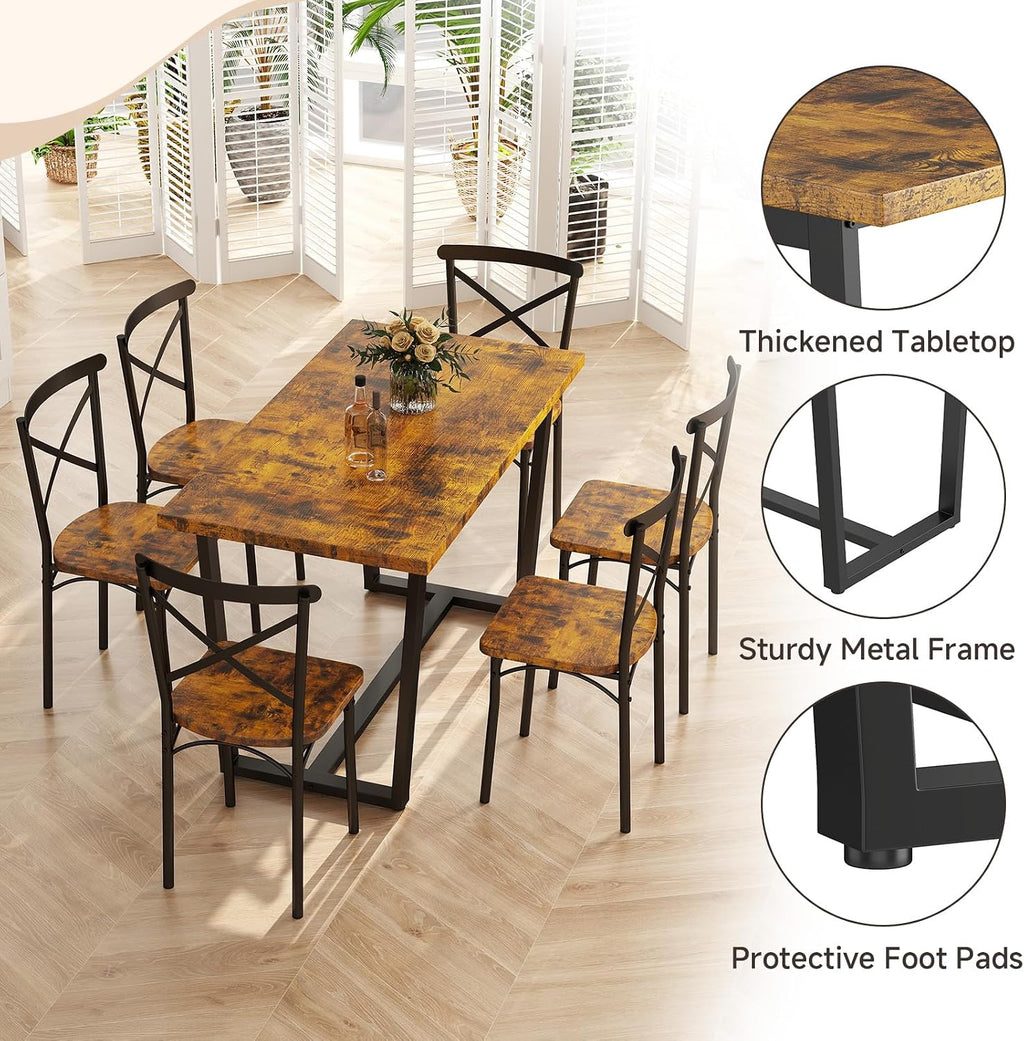 Zevemomo 7-Piece Dining Table with Chairs Set, Rectangular Metal Frame Table with 6 Chairs, Kitchen Table Chairs Set of 6, Wooden Farmhouse Dining Table Set for Dining Room and Living Room, Brown
