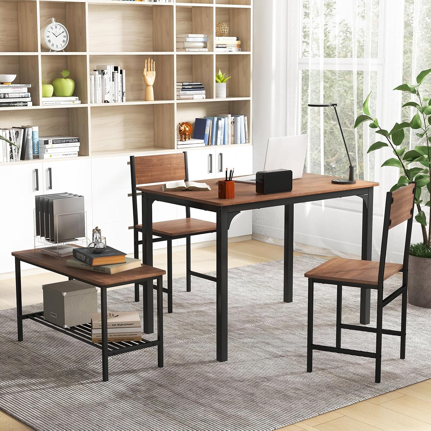 Giantex Dining Table Set for 4, 43' Kitchen Table and Chairs, Dining Bench with Metal Frame & Storage Rack, 4-Piece Modern Functional Desk Set for Dinette, Small Space, Apartment, Restaurant, Walnut