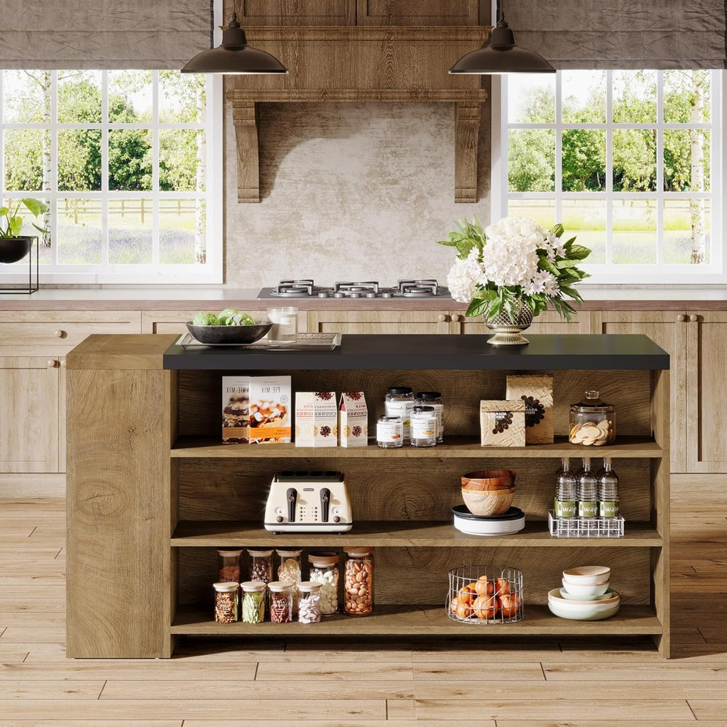 Tribesigns 55' Kitchen Island with Storage, Farmhouse 5-Tier Stationary Island Table with 5 Shelves, Wood Coffee Bar Table Storage Cabinet with Large Countertop for Kitchen, Vintage Brown