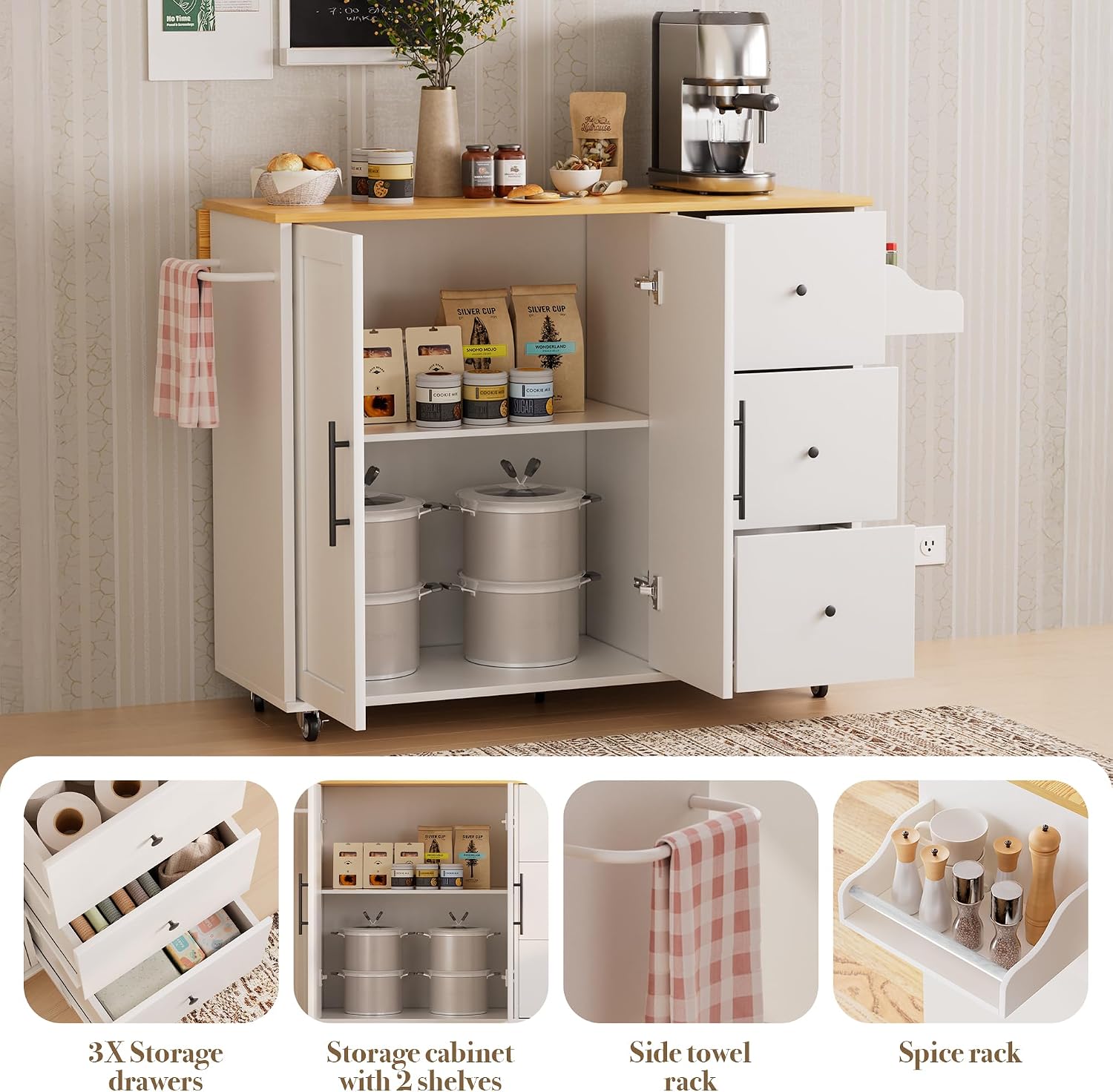 GRUSIGN Kitchen Island on Wheels with Storage-Multifunctional Kitchen Island Cart with Drop Leaf, Rolling Island with Spice/Towel Rack,Expandable Island Table Kitchen,39.37' Width,White