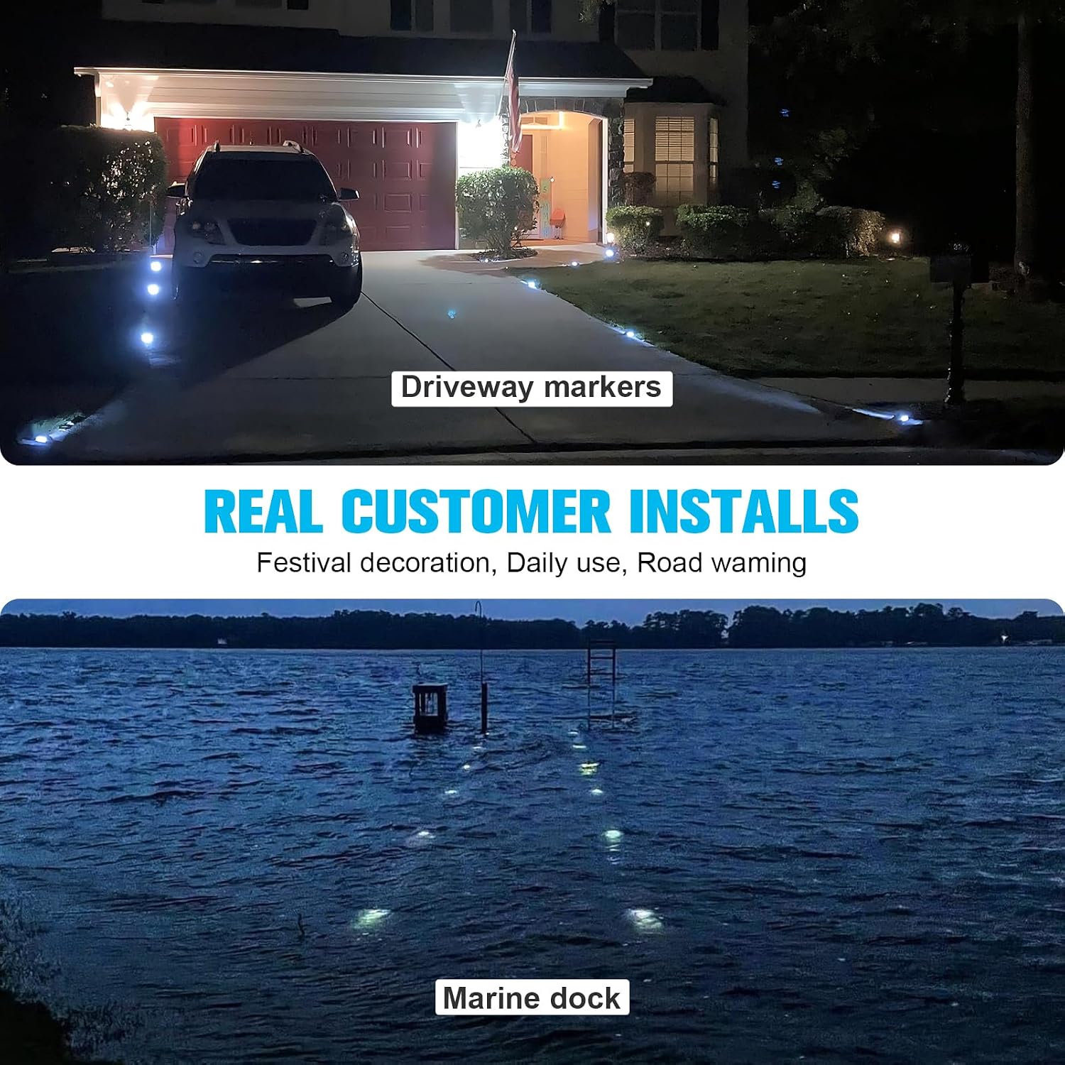 VOLISUN Solar Deck Lights Driveway Dock Lights, 12-Pack Led IP68 Waterproof Outdoor Warning Step Lights for Driveway Sidewalk Garden Pathway Yard (Blue, Auto On/Off