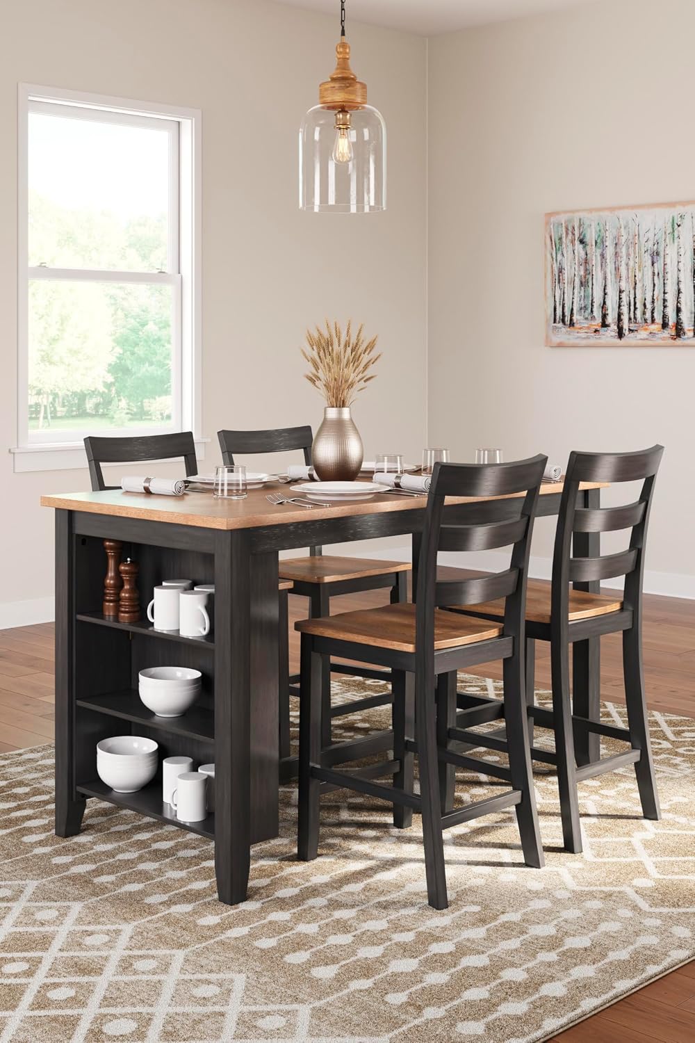 Signature Design by Ashley Gesthaven Contemporary Counter Height Dining Table with 3 Shelves and Trestle Base, Light Brown & Dark Brown