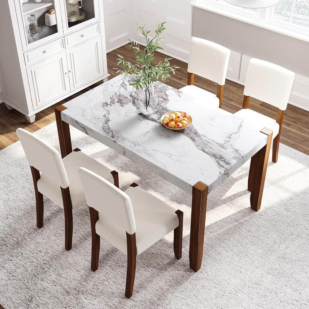 Merax Modern 5 Piece Dining Table Set for 4,Faux Marble Style Kitchen Table Set with One Rectangle Table and 4 Dining Chairs for Dining Room Table Set for Small Place
