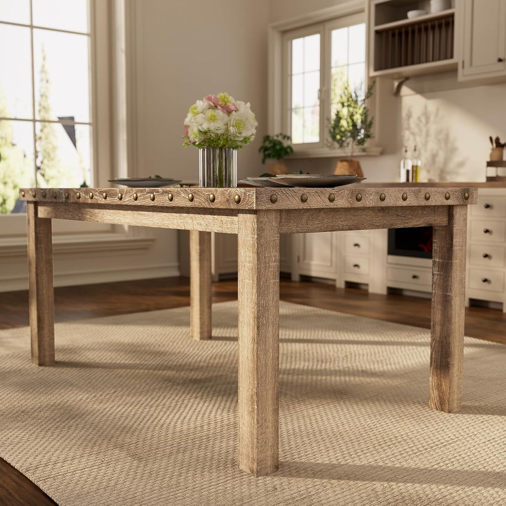 Morden Fort Farmhouse Rectangular Wooden Dining Table, Rustic 60' Kitchen & Dining Room Table with Woodgrain Tabletop, Rivet Accents & Solid Wood Legs