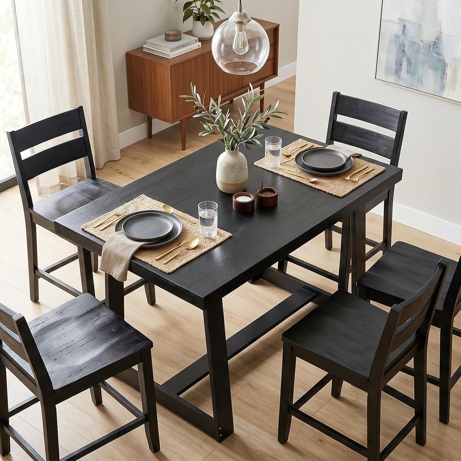 VINGLI 48 Inch Farmhouse Dining Table for 4-6, Solid Pine Wood Table with 4 Corner Protectors, Rectangular Dining Table for Kitchen, Dining Room, Small Apartment, Studio, Family Dinner, Black