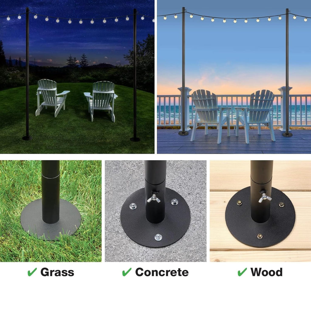 EXCELLO GLOBAL PRODUCTS Bistro String Light Poles - 4 Pack - Extends to 10 Feet - Universal Mounting Options Included