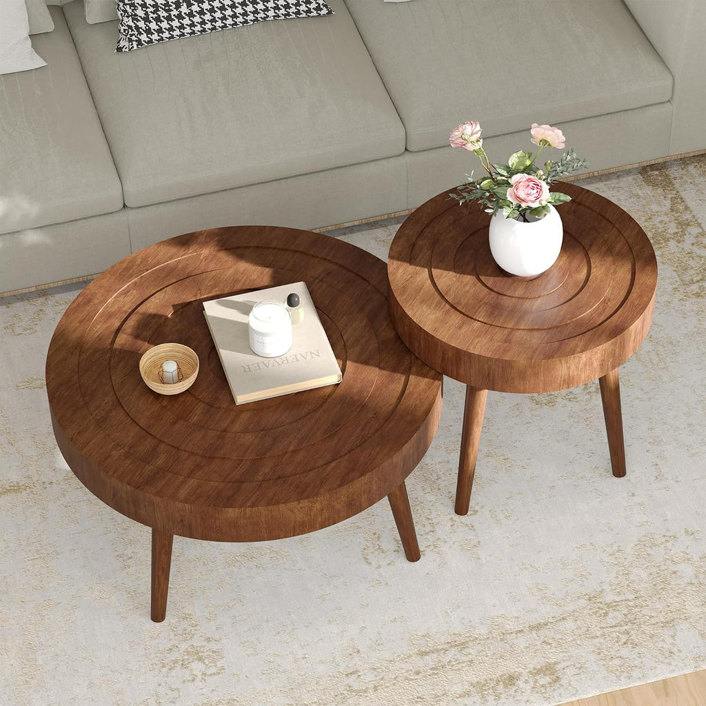 SUNBURY Round Coffee Table, Nesting Tables with Concentric Circle Pattern, Mid Century Modern Coffee Table Set for Living Room Bedroom, 31.5'x16' and 21.8'x20'