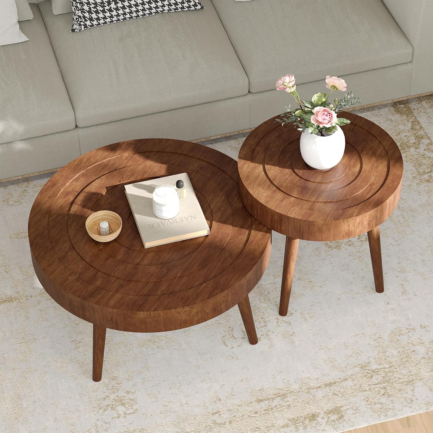 SUNBURY Round Coffee Table, Nesting Tables with Concentric Circle Pattern, Mid Century Modern Coffee Table Set for Living Room Bedroom, 31.5'x16' and 21.8'x20'