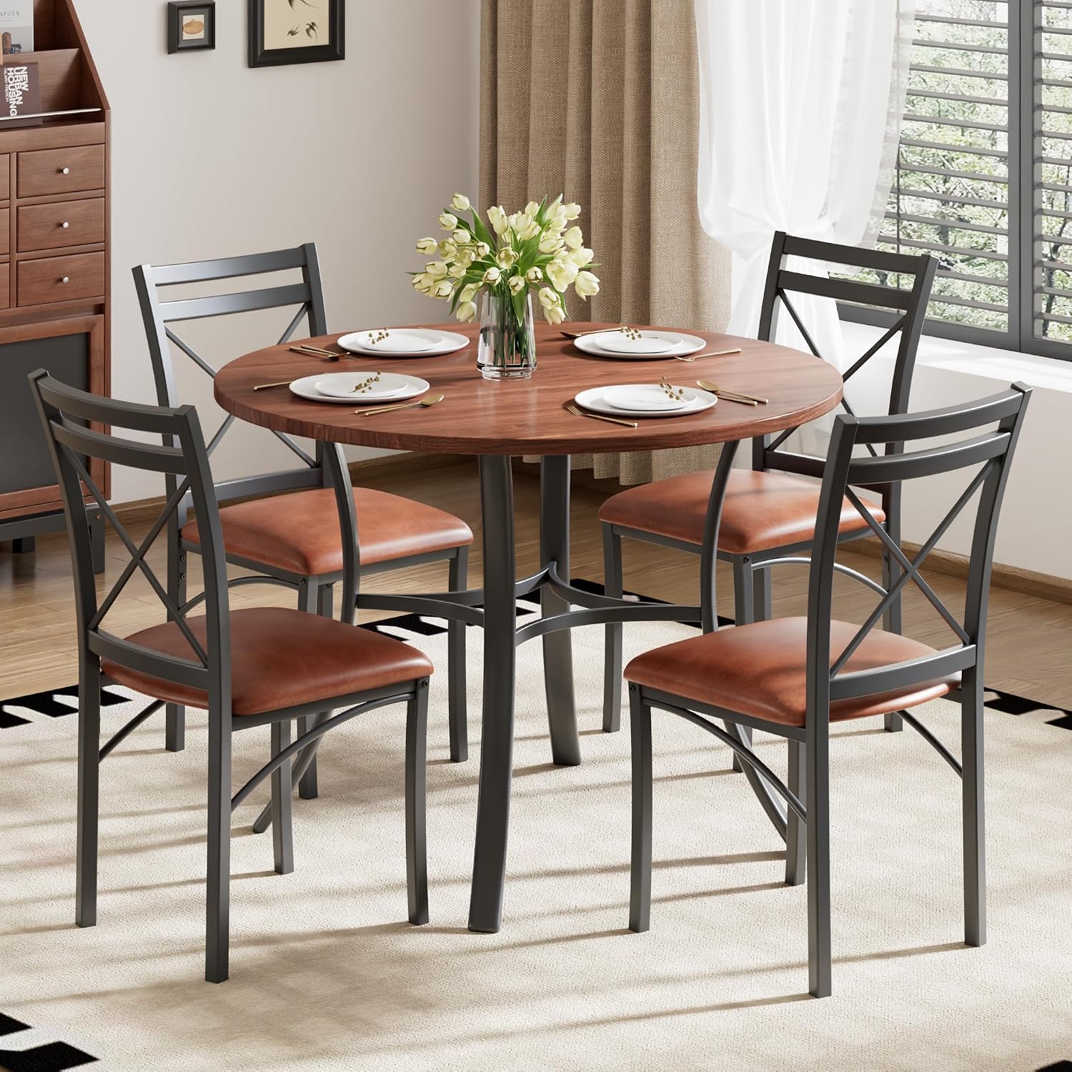 VECELO 5 Piece Dining Table Set for 4 with Chairs, Wood Grain Tabletop, Small Space, Kitchen, Breakfast Nook, Brown