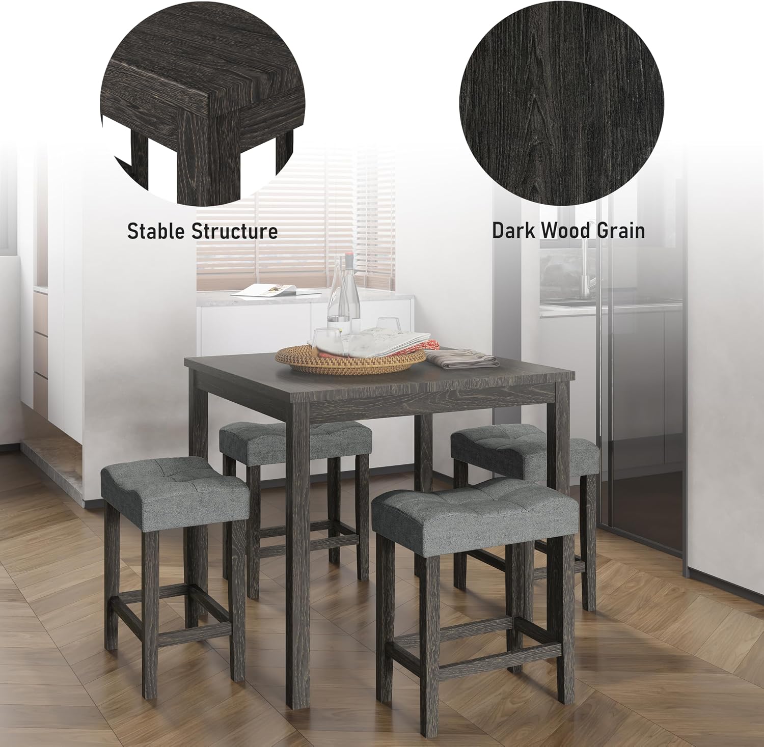 allamazing 5-Piece Counter Dinner Height Table Set, Indoor Modern Rectangular Dining Table Furniture Set for Kitchen, 35 inch Dining Table with 4 stools (1+4 Black)
