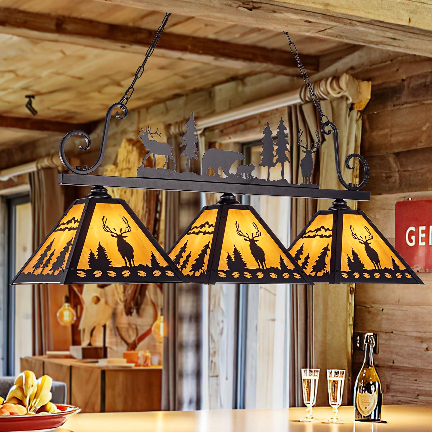 TOCHIC Tiffany Pool Table Light, 3 Lights Vintage Dining Room Chandelier Kitchen Island Light Fixture, Rustic Farmhouse Billiards Table Lamp for Game Room, Billiard Room, Cabin, 48' L
