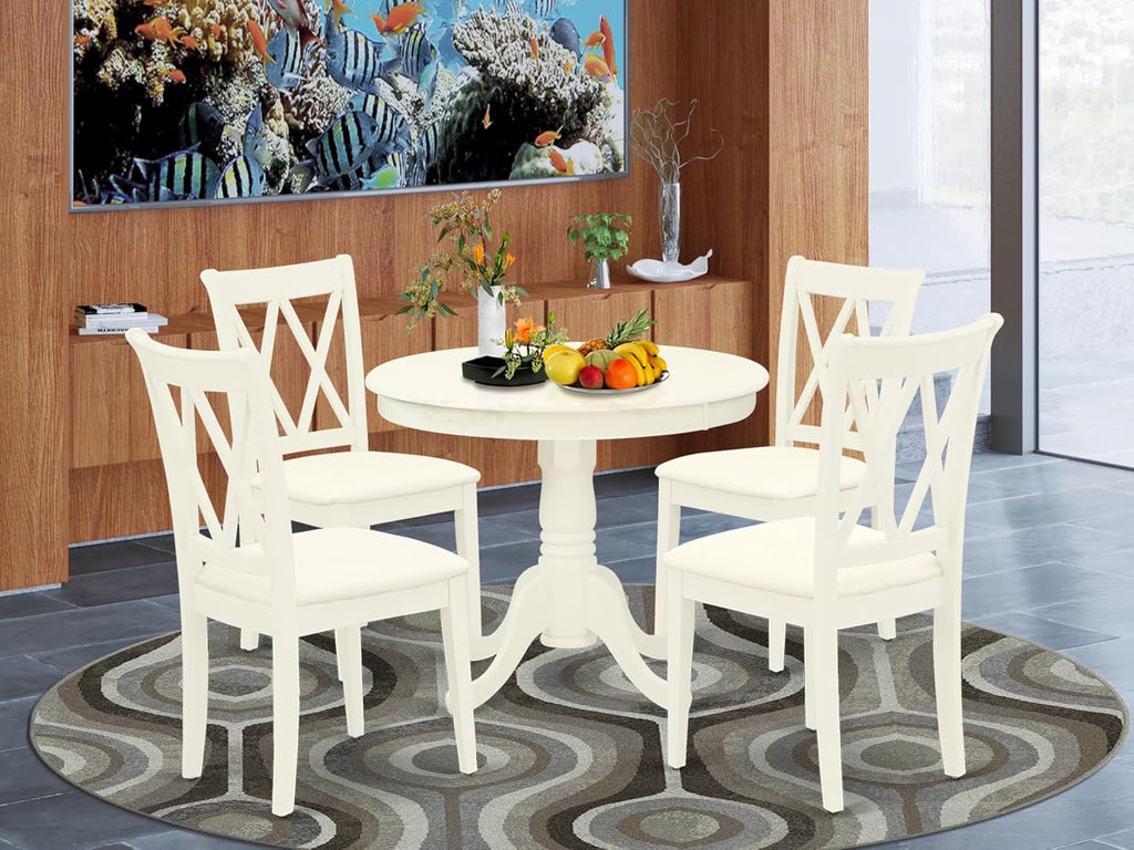 East West Furniture ANCL5-LWH-C 5 Piece Dining Room Table Set Includes a Round Wooden Table with Pedestal and 4 Linen Fabric Kitchen Dining Chairs, 36x36 Inch, Linen White