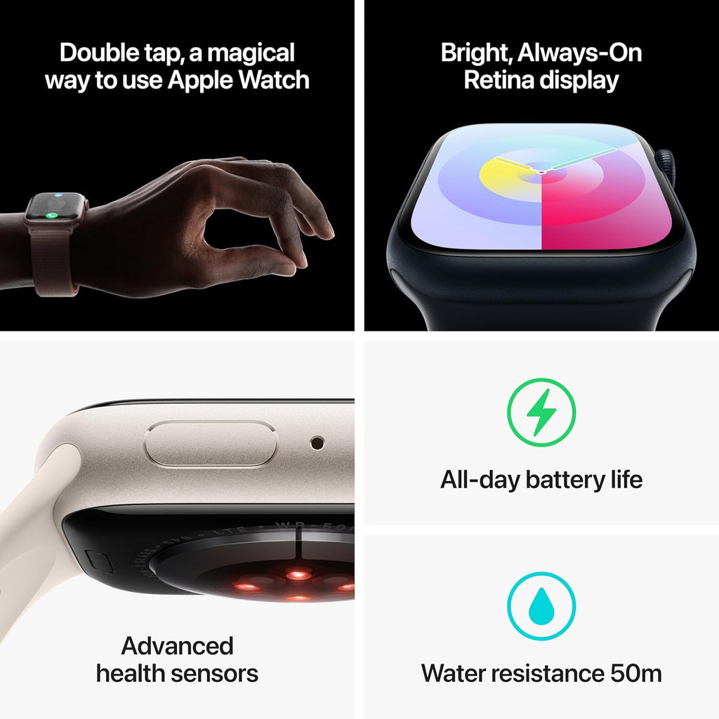 Apple Watch Series 9 [GPS + Cellular 45mm] Silver Aluminum Case with Storm Blue Sport Band S/M (Renewed)