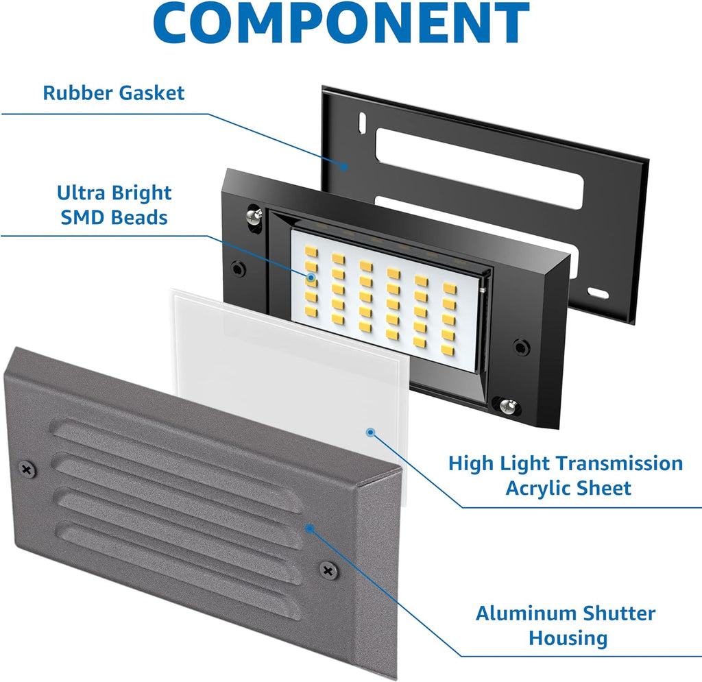 SUNVIE Low Voltage Step Lights Outdoor 5W LED Stair Lights with Horizontal Louver Faceplate Deck Lights for Steps Stairs Fences 12V 3000K 3.2FT ETL Listed Wire, Fastlock2 Connectors Included, 12 Pack