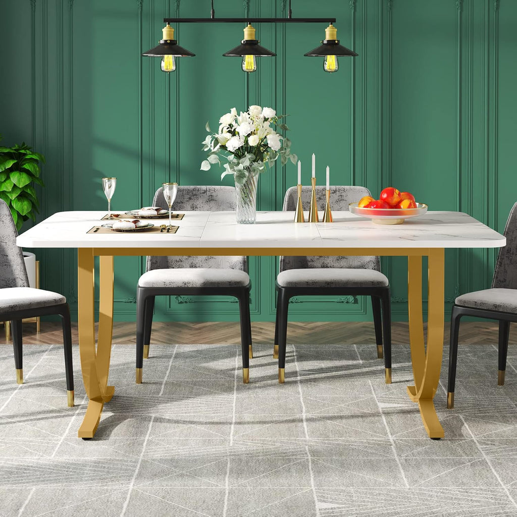 LITTLE TREE Dining Room Table, Kitchen Table with Faux Marble Table Top and Gold Metal Legs