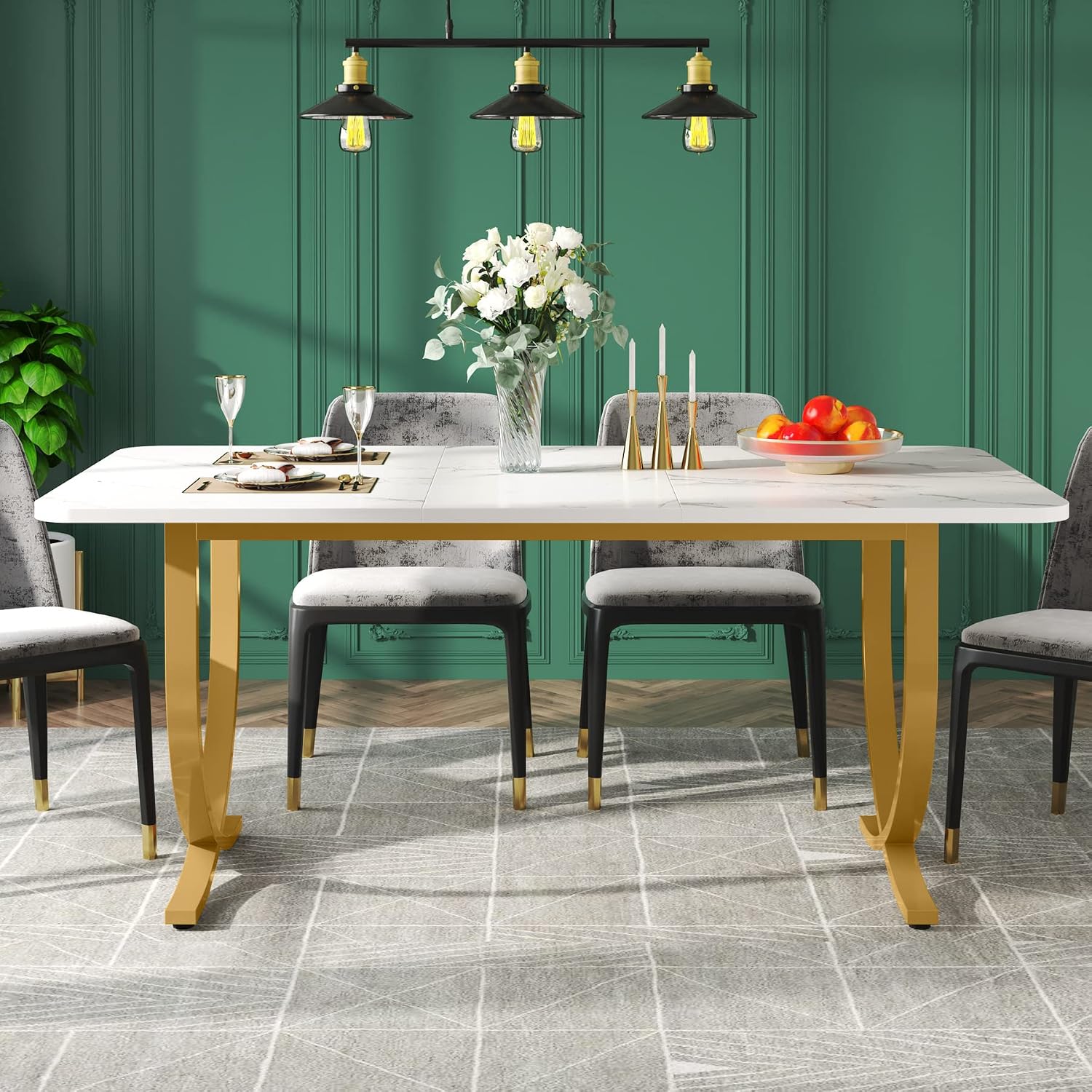LITTLE TREE Dining Room Table, Kitchen Table with Faux Marble Table Top and Gold Metal Legs