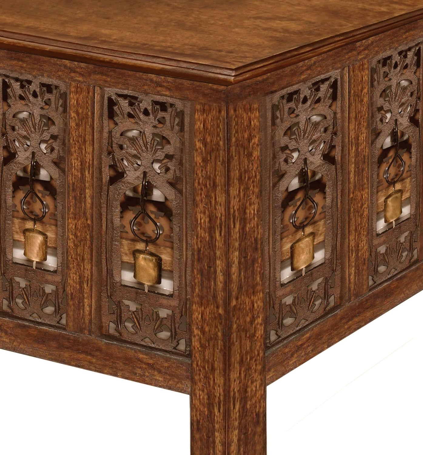 COTTON CRAFT Solid Wood Coffee Table – Ghanti Bells Hand Carved Center Table with Foldable Legs – Decorative Table - Living Room Small Spaces Bedroom - No Tools Assembly -30.5x21.5x18- Antique Brown