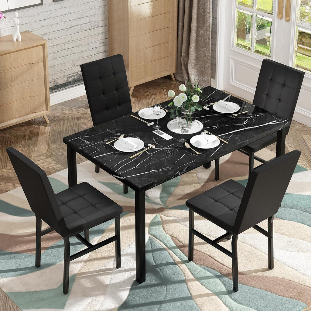 Hooseng Kitchen Table Set 5 Piece Dining Room Table Set Marble Dining Table 4 Chair Dining Table Set for Kitchen Living Room Breakfast Small Spaces (Black)