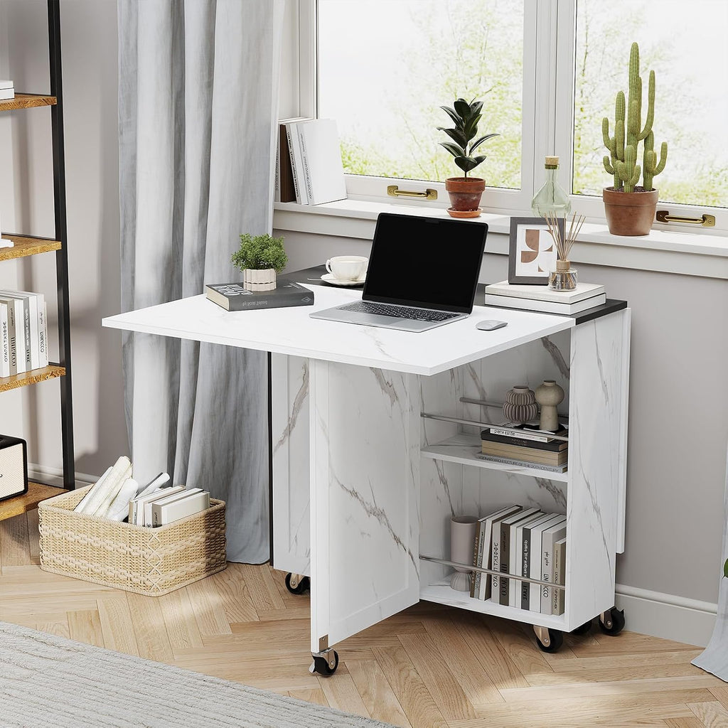 White Marble Mobile Folding Dining Table - 6-Wheel Rolling Kitchen Cart with Storage, Drop Leaf Design for Small Spaces, Seats 4-6