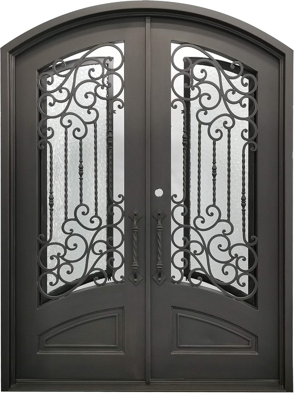 Archer Exterior Double Front Entry Door Wrought Iron with Operable Tempered Water Cube Glass Inside Swing Dark Bronze Finish (72 By 96 Right Hinge Active)