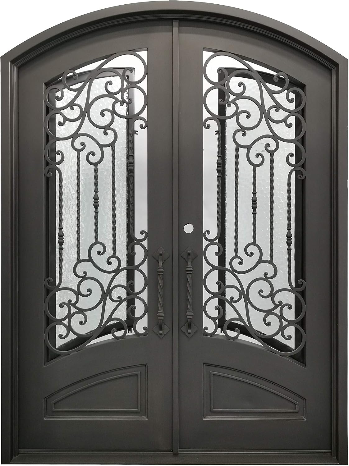 Archer Exterior Double Front Entry Door Wrought Iron with Operable Tempered Water Cube Glass Inside Swing Dark Bronze Finish (72 By 96 Right Hinge Active)