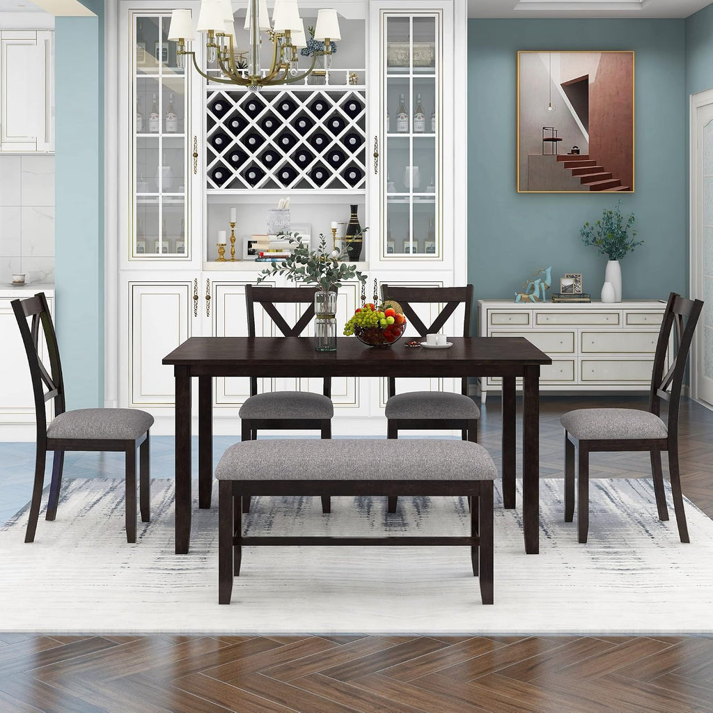 Merax 6 Piece Farmhouse Dining Table Set for 6, Solid Wood Rectangular Kitchen Table Set with 4 Upholstered Chairs and 1 Bench for Kitchen Room Dining Room - Espresso+Gray