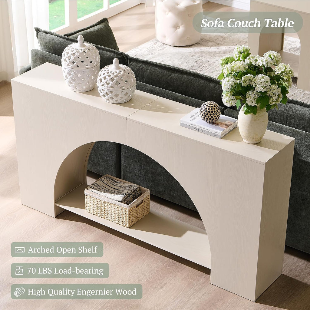 IFGET 63' Arched Console Table, 2-Tier Modern Entryway Table with Arched Base, Narrow Long Wood Sofa Table Behind Couch Table for Living Room, Hallway, Foyer, Cream