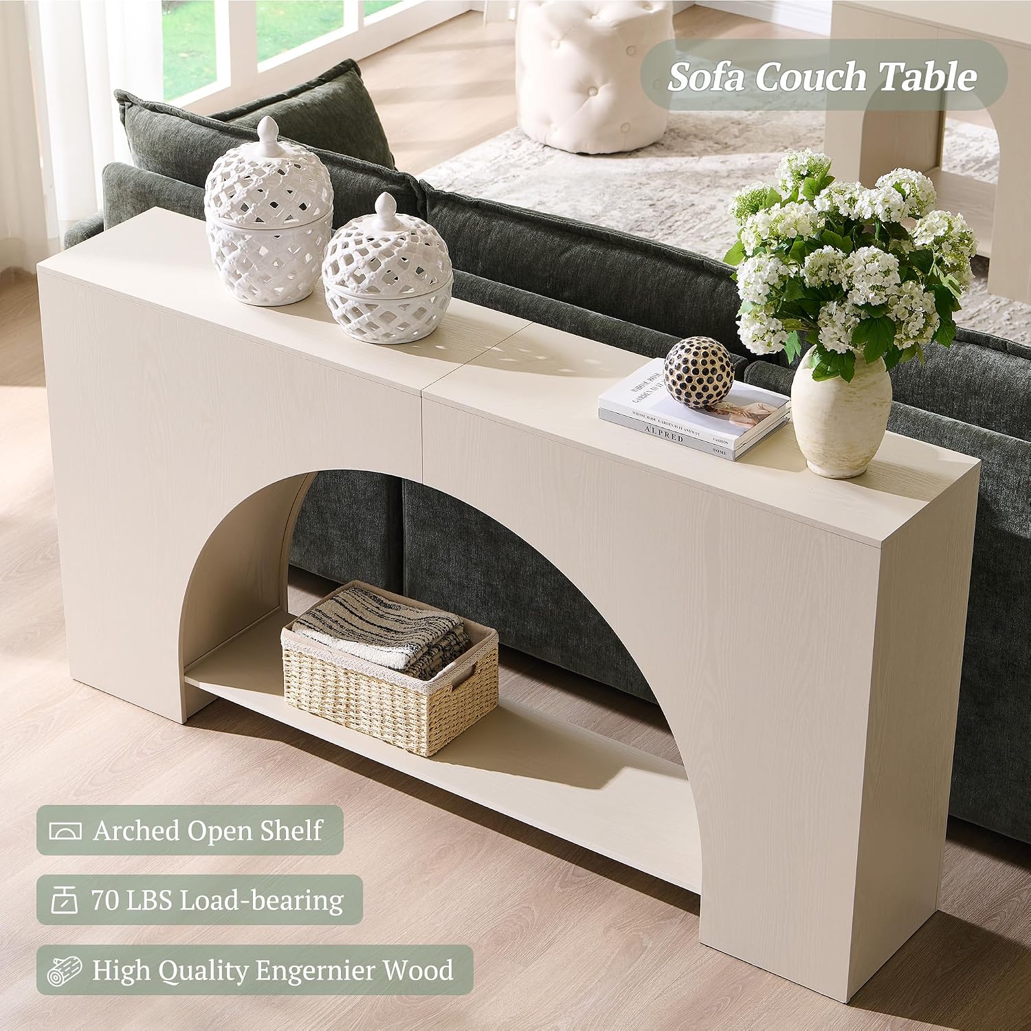 IFGET 63' Arched Console Table, 2-Tier Modern Entryway Table with Arched Base, Narrow Long Wood Sofa Table Behind Couch Table for Living Room, Hallway, Foyer, Cream