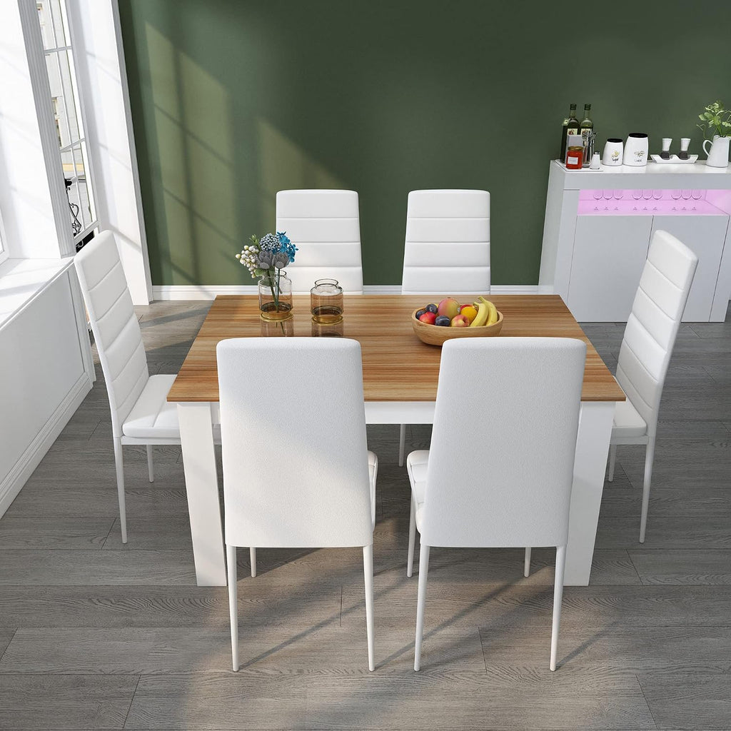 Mondeer Dining Table and Chairs Set 6, 7 Pieces Kitchen Table Set with High Back Faux Leather Chair for Dining Room Kitchen Rectangular Modern (Oak Table White Chairs)