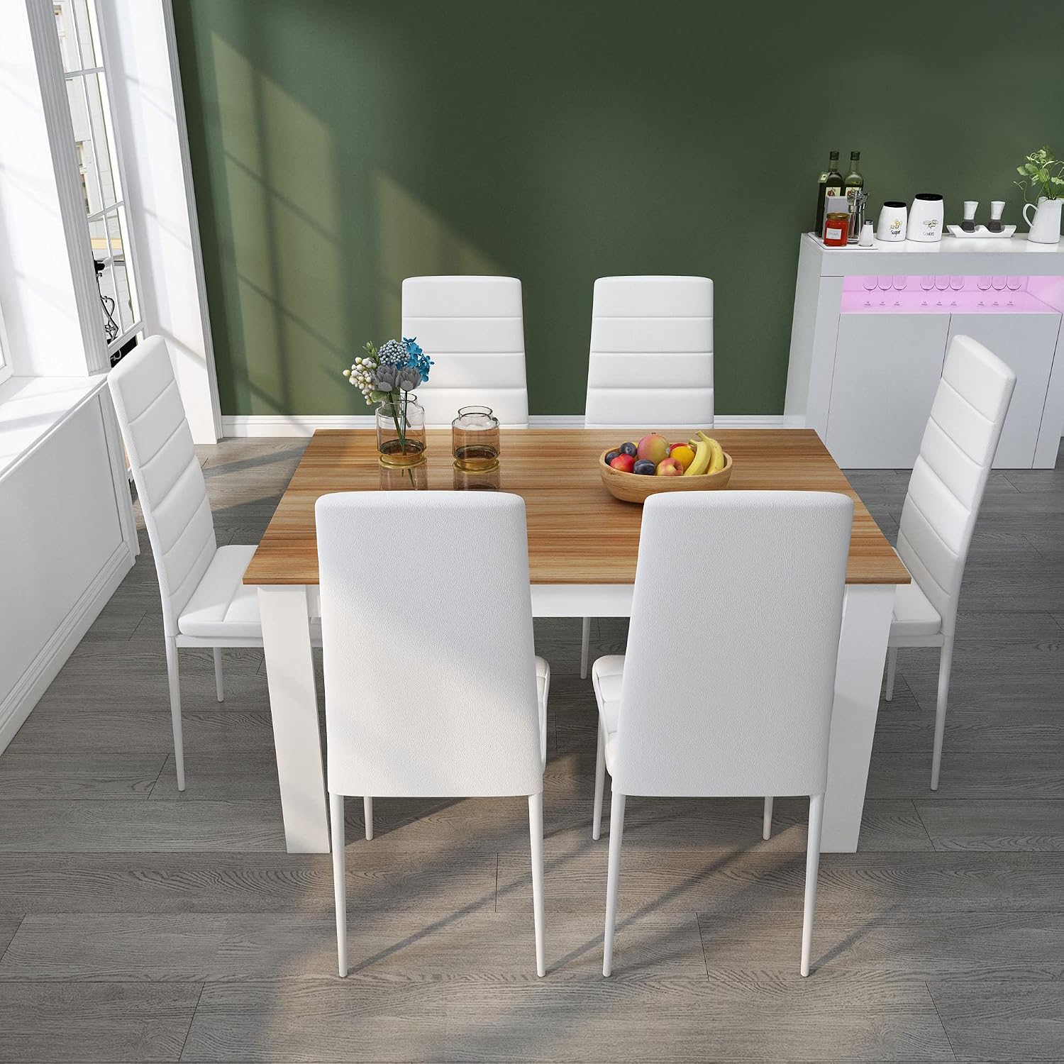 Mondeer Dining Table and Chairs Set 6, 7 Pieces Kitchen Table Set with High Back Faux Leather Chair for Dining Room Kitchen Rectangular Modern (Oak Table White Chairs)