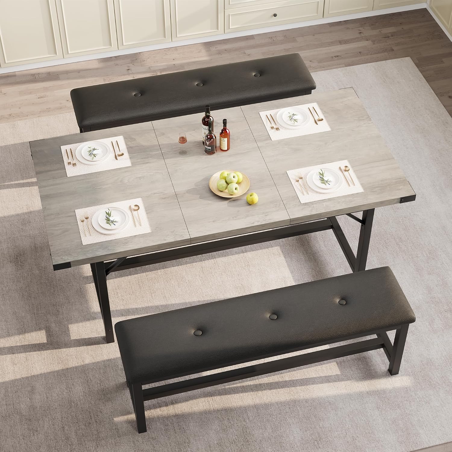 GAOMON Dining Table Set for 4-8, 63' Rectangular Wooden Extendable Kitchen Table with 2 Upholstered Benches & 4 Metal Corner Protectors, Small Dining Set & Sturdy Metal Frame, Space Saving, Retro Gray