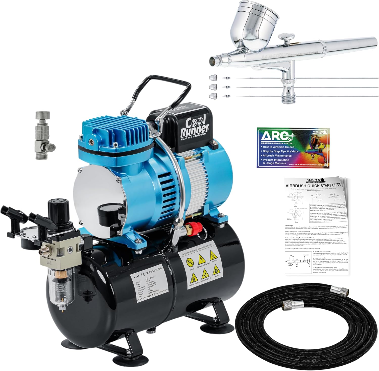 Master Airbrush Cool Runner II Dual Fan Airbrush and Compressor Kit with Gravity Air Brush with 3 Tips (0.2, 0.3 & 0.5mm Nozzle Tip), Compressor with Tank - Air Brush Kit for Beginners & Professionals