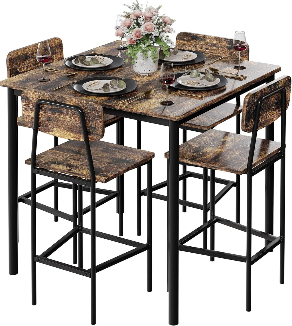 Kitchen Table and Chairs of 4, 5 Piece Dining Table Set, Sturdy Industrial Space Saving Dinette Set for Pub, Family Dinners, Apartment, Rustic Brown