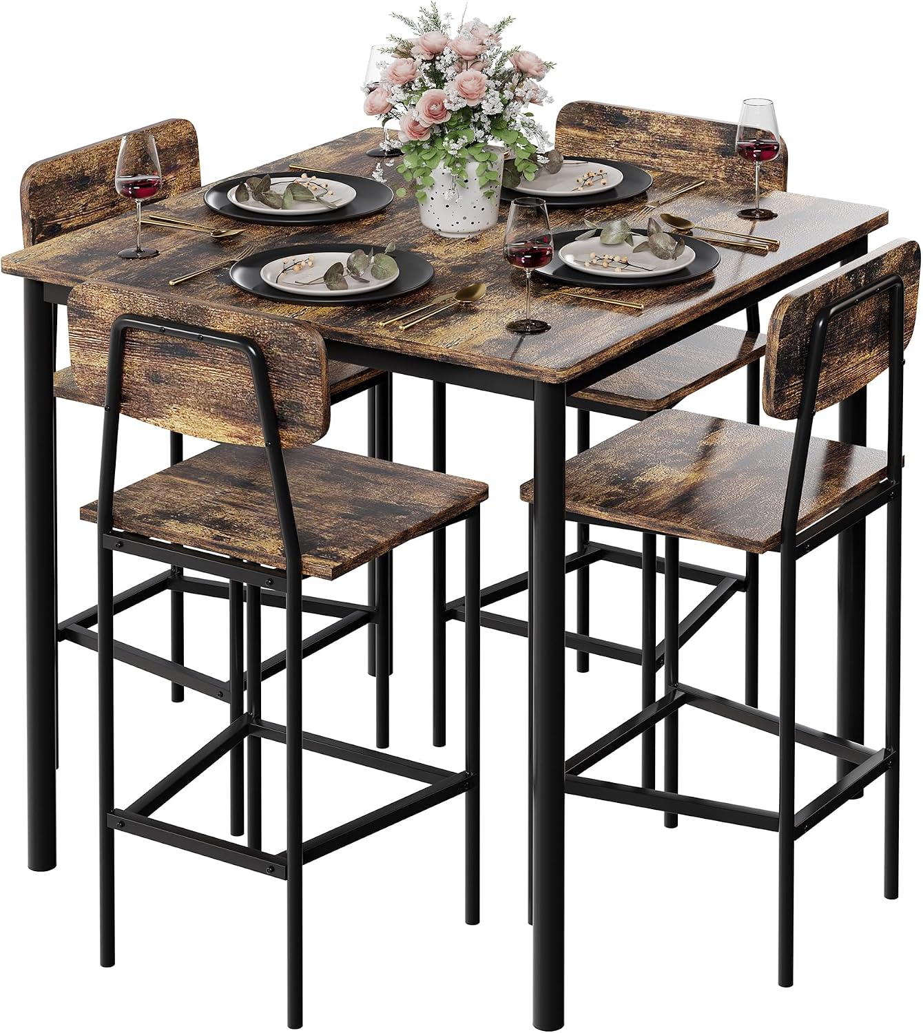 Kitchen Table and Chairs of 4, 5 Piece Dining Table Set, Sturdy Industrial Space Saving Dinette Set for Pub, Family Dinners, Apartment, Rustic Brown