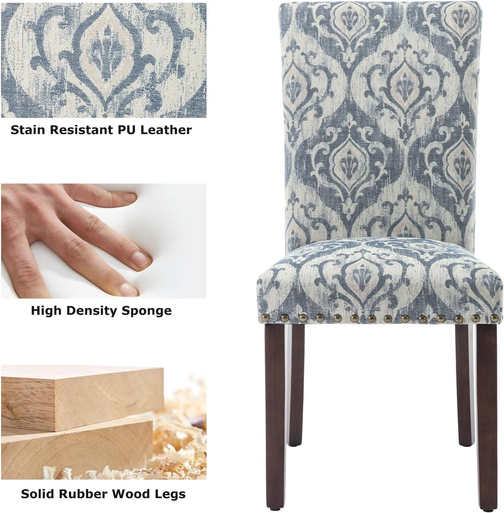 COLAMY Upholstered Parsons Dining Chairs Set of 4, Fabric Dining Room Kitchen Side Chair with Nailhead Trim and Wood Legs - Blue/White Flower