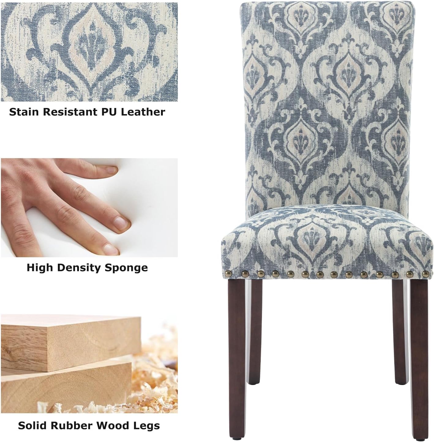 COLAMY Upholstered Parsons Dining Chairs Set of 4, Fabric Dining Room Kitchen Side Chair with Nailhead Trim and Wood Legs - Blue/White Flower