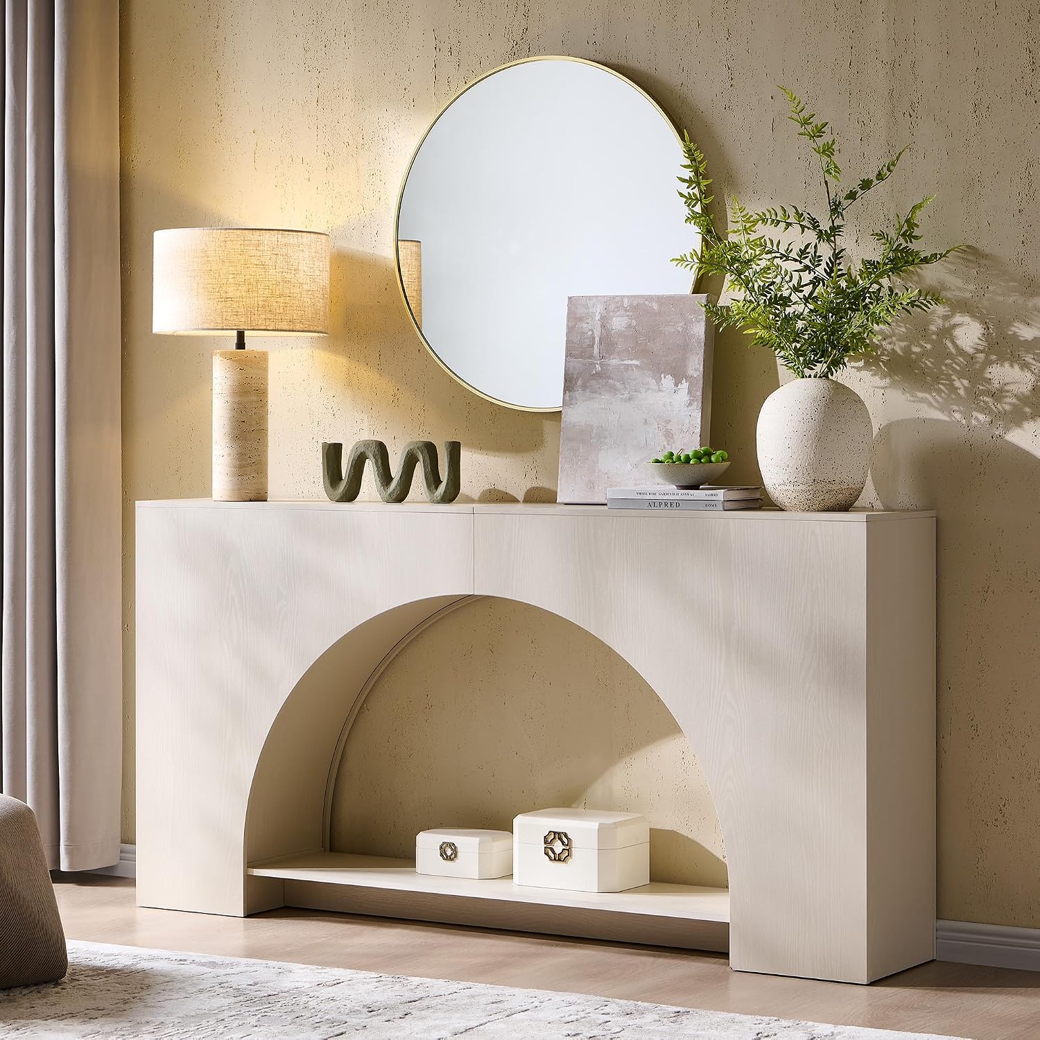 IFGET 63' Arched Console Table, 2-Tier Modern Entryway Table with Arched Base, Narrow Long Wood Sofa Table Behind Couch Table for Living Room, Hallway, Foyer, Cream