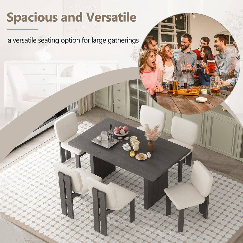 Merax Wood Dining Table Set for 6, Rectangular Tabletop/Upholstered Chairs/Retro Geometric Design, Ideal for Dining-Room and Kitchen, Grey