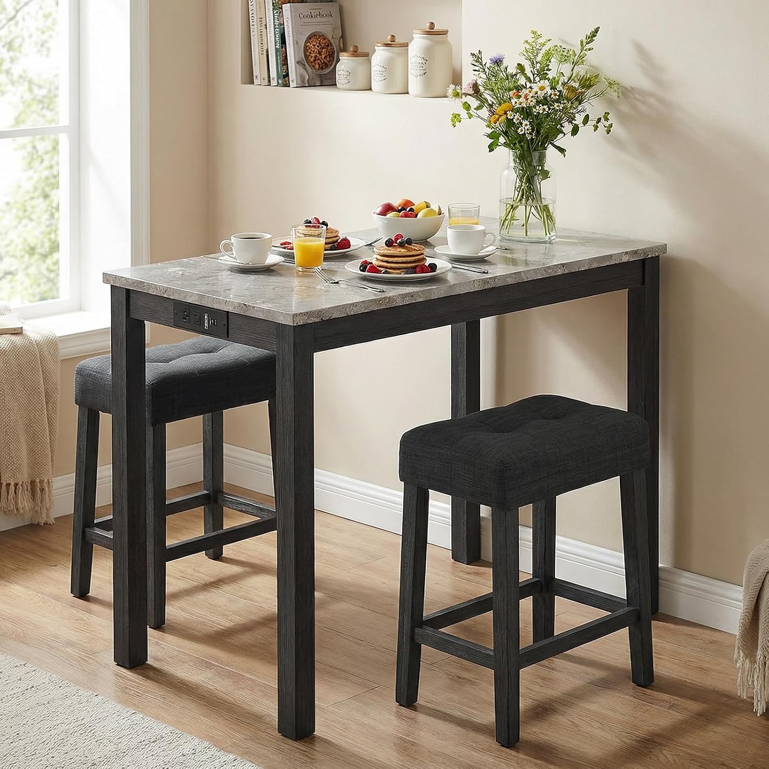 COSTWAY 3-Piece Bar Table Set with Charging Station, Modern Counter Height Breakfast Table w/Faux Marble Top & 2 Padded Stools, Wooden Console Table Set for Living Room, Kitchen, Dining Room (Gray)