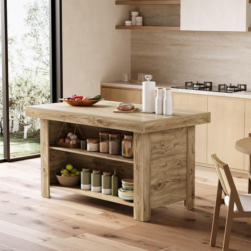 LITTLE TREE 55 Inches Kitchen Island with Storage, 3-Tier Farmhouse Wooden Stationary Island Table with Large Worktop & Leg Room, Modern Coffee Bar Table with Storage Shelf for Kitchen, Oak