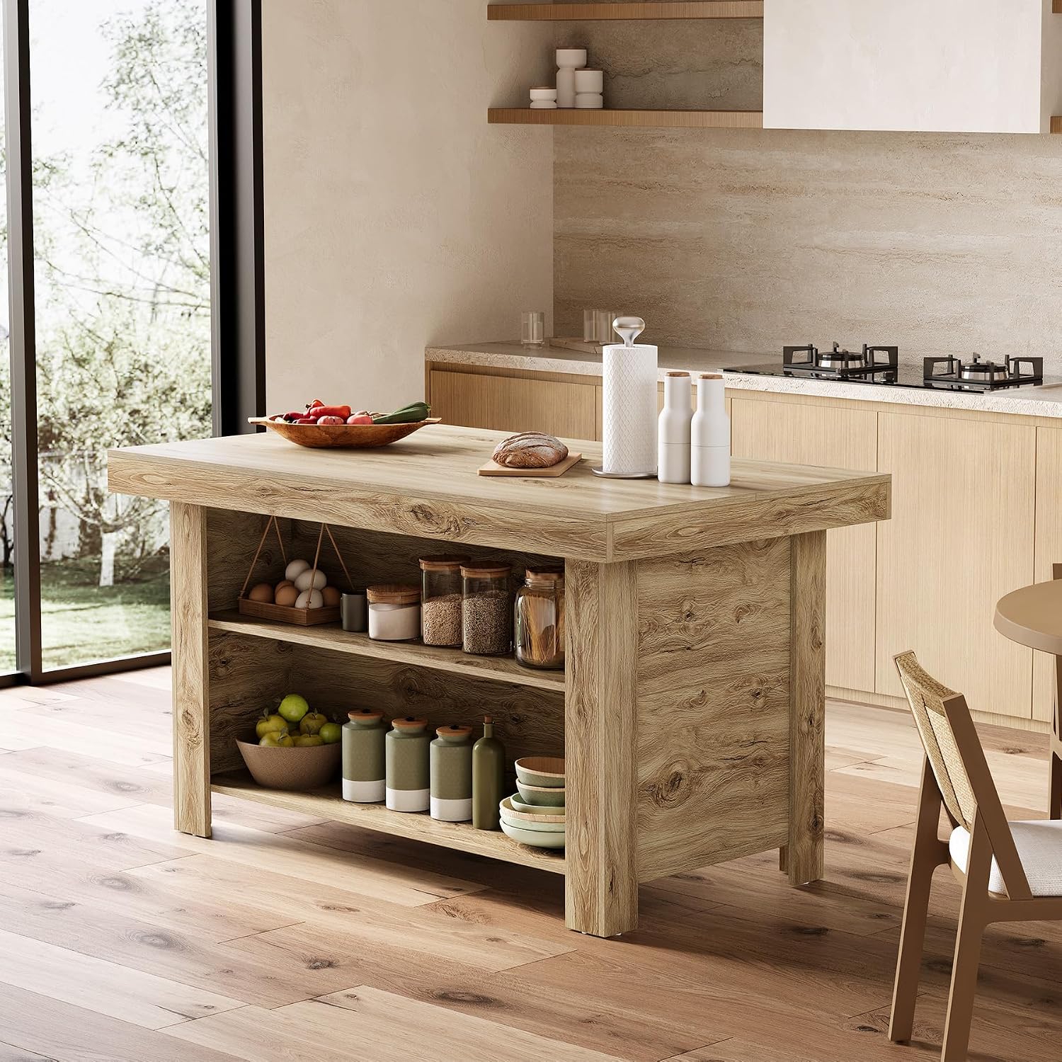 LITTLE TREE 55 Inches Kitchen Island with Storage, 3-Tier Farmhouse Wooden Stationary Island Table with Large Worktop & Leg Room, Modern Coffee Bar Table with Storage Shelf for Kitchen, Oak